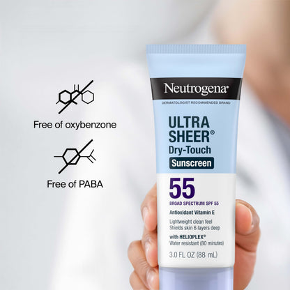 Neutrogena, Ultra Sheer Dry-Touch Sunscreen SPF 55 for Face and Body, Lightweight Non Greasy Broad Spectrum Uva/Uvb Protection, No White Cast, Water Resistant (80 Min) Travel Sunscreen Lotion, 88.7 mL