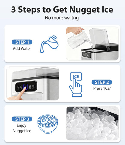 Nugget Ice Maker 40lbs/Day, Countertop Ice Maker Soft Chewable Ice, Ice Makers One-Click & Self-Cleaning, Crushed Pellet Ice Machine with Scoop&Basket for Home/Kitchen/Office, Stainless Silver