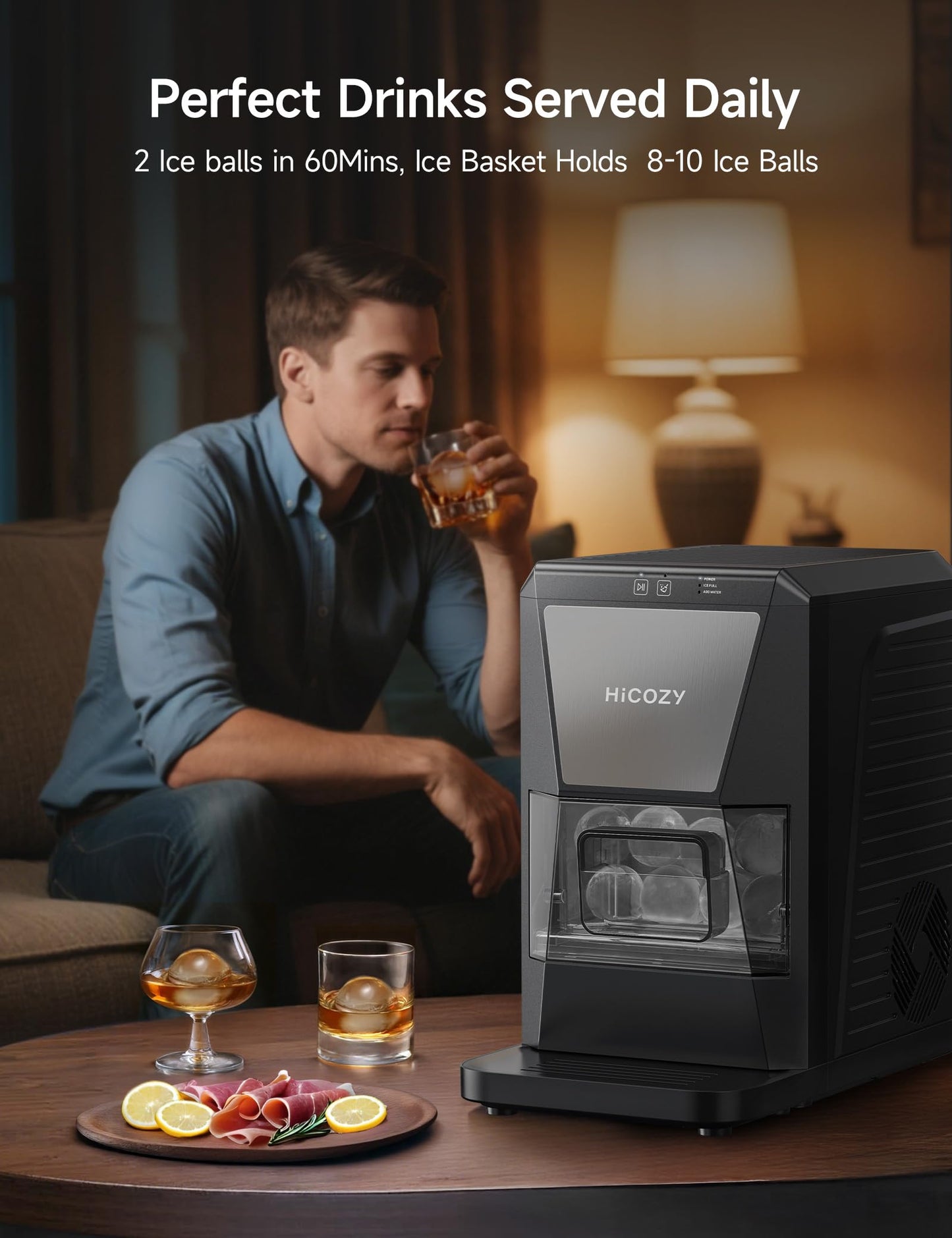 HiCOZY B1 2" Clear Ice Ball Maker Countertop,Sphere Ice Maker, 2 Big Crystal Balls in 60Mins,40 pcs/Day, Self-Cleaning Round Ice Cube Machine with Ice Tong for Cocktails, Whiskey