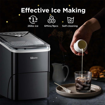 Silonn Countertop Ice Maker with 2.5L Expandable Ice Basket, 26.5lbs/24H, 9 Cubes in 6 Mins, 2 Ice Sizes, Self-Cleaning & LED Touch Control for Home Kitchen Office
