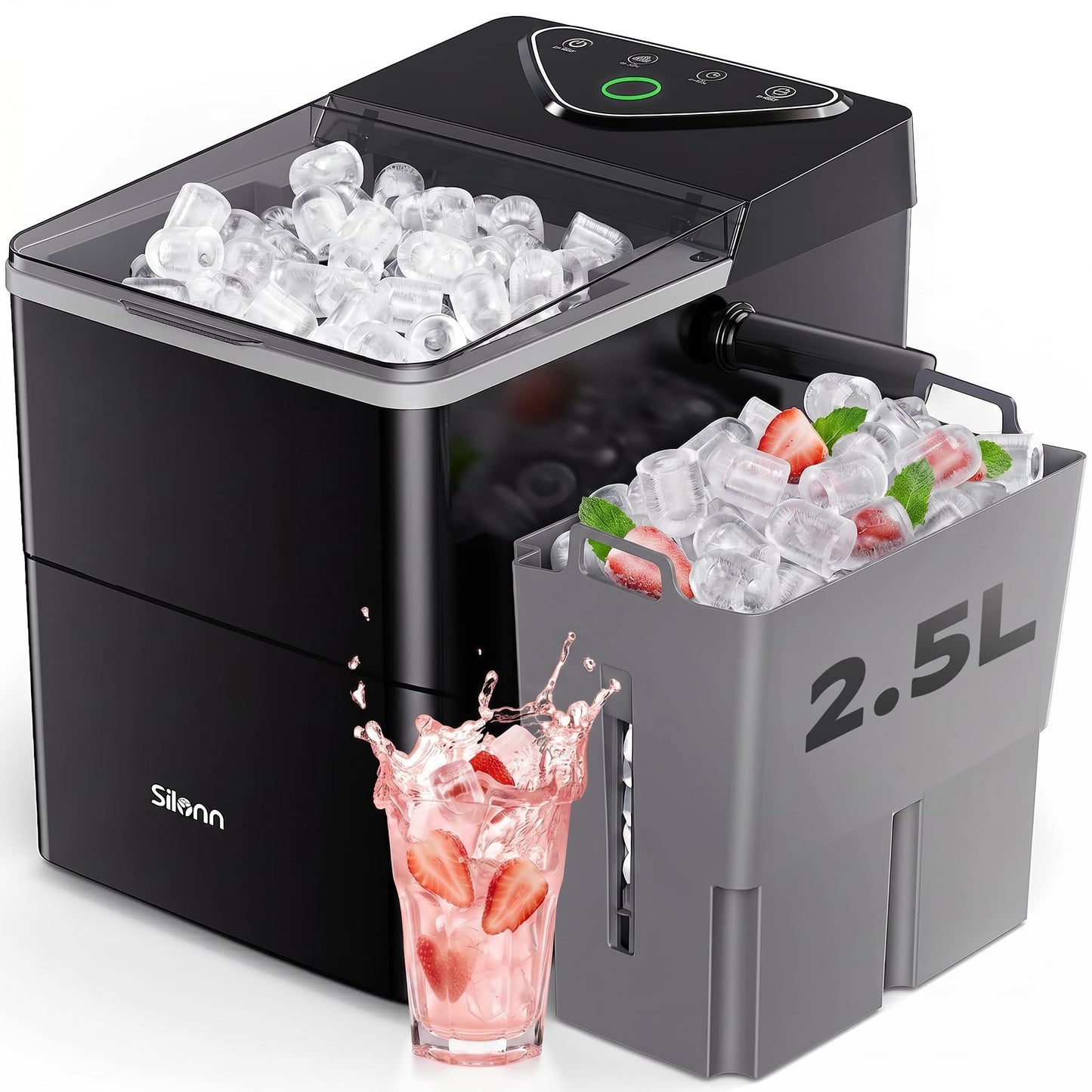 Silonn Countertop Ice Maker with 2.5L Expandable Ice Basket, 26.5lbs/24H, 9 Cubes in 6 Mins, 2 Ice Sizes, Self-Cleaning & LED Touch Control for Home Kitchen Office