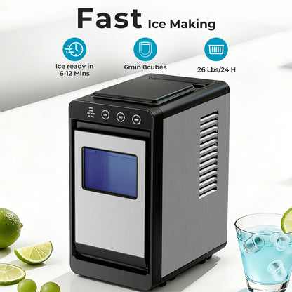 Antarctic Star Countertop Ice Maker, 26lbs/24H Ice Machine, Self-Cleaning Portable Ice Maker with 1.1lb Storage, 8 Bullet Ice in 6 Mins, Compact Ice Maker for Home/Office/Outdoor, Black