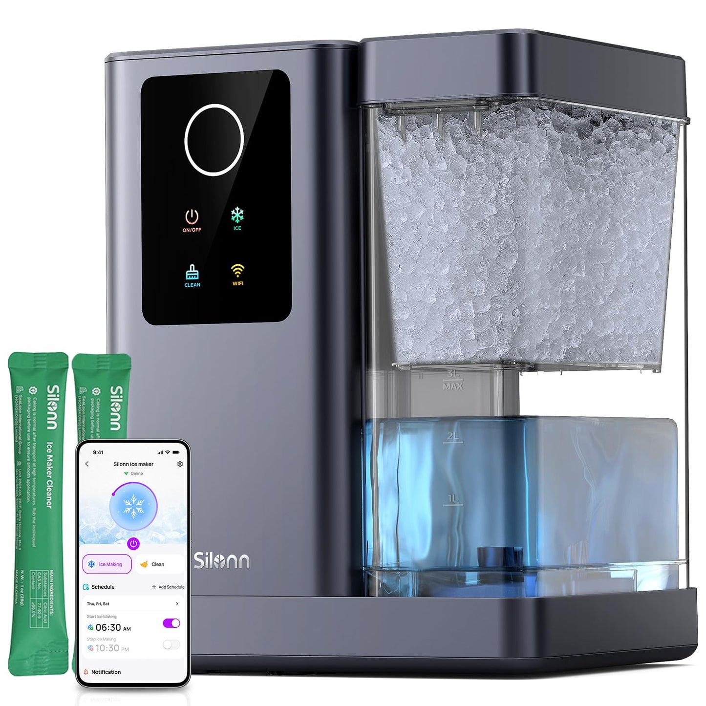 Silonn Nugget Ice Maker Countertop with APP & Voice Control, Self Cleaning Ice Machine with 3L Large Water Tank, 40 lbs/24H Soft Chewable Ice, Portable Pebble Ice Maker for Home, Kitchen and Party