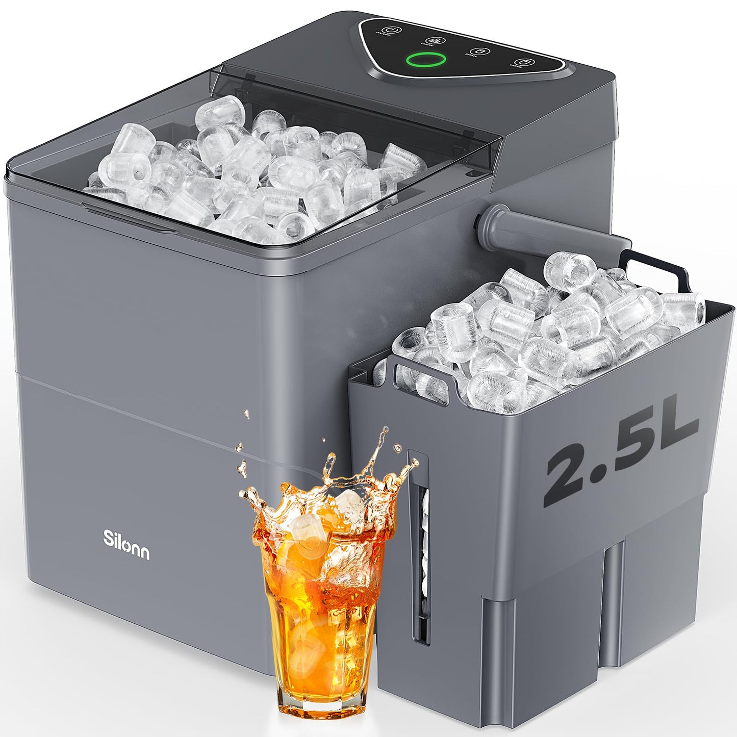 Silonn Countertop Ice Maker with 2.5L Expandable Ice Basket, 26.5lbs/24H, 9 Cubes in 6 Mins, 2 Ice Sizes, Self-Cleaning & LED Touch Control for Home Kitchen Office