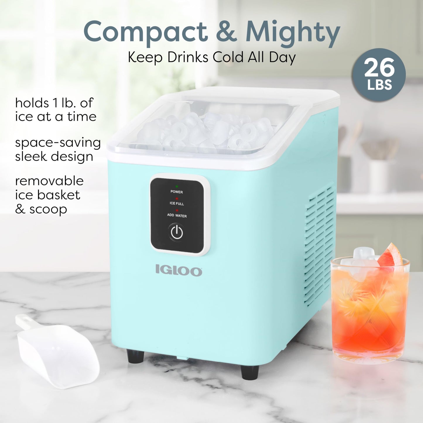Igloo Automatic Self-Cleaning Portable Electric Countertop Ice Maker Machine with Handle, 26 Pounds in 24 Hours, 9 Ice Cubes Ready in 7 Minutes, with Ice Scoop and Basket