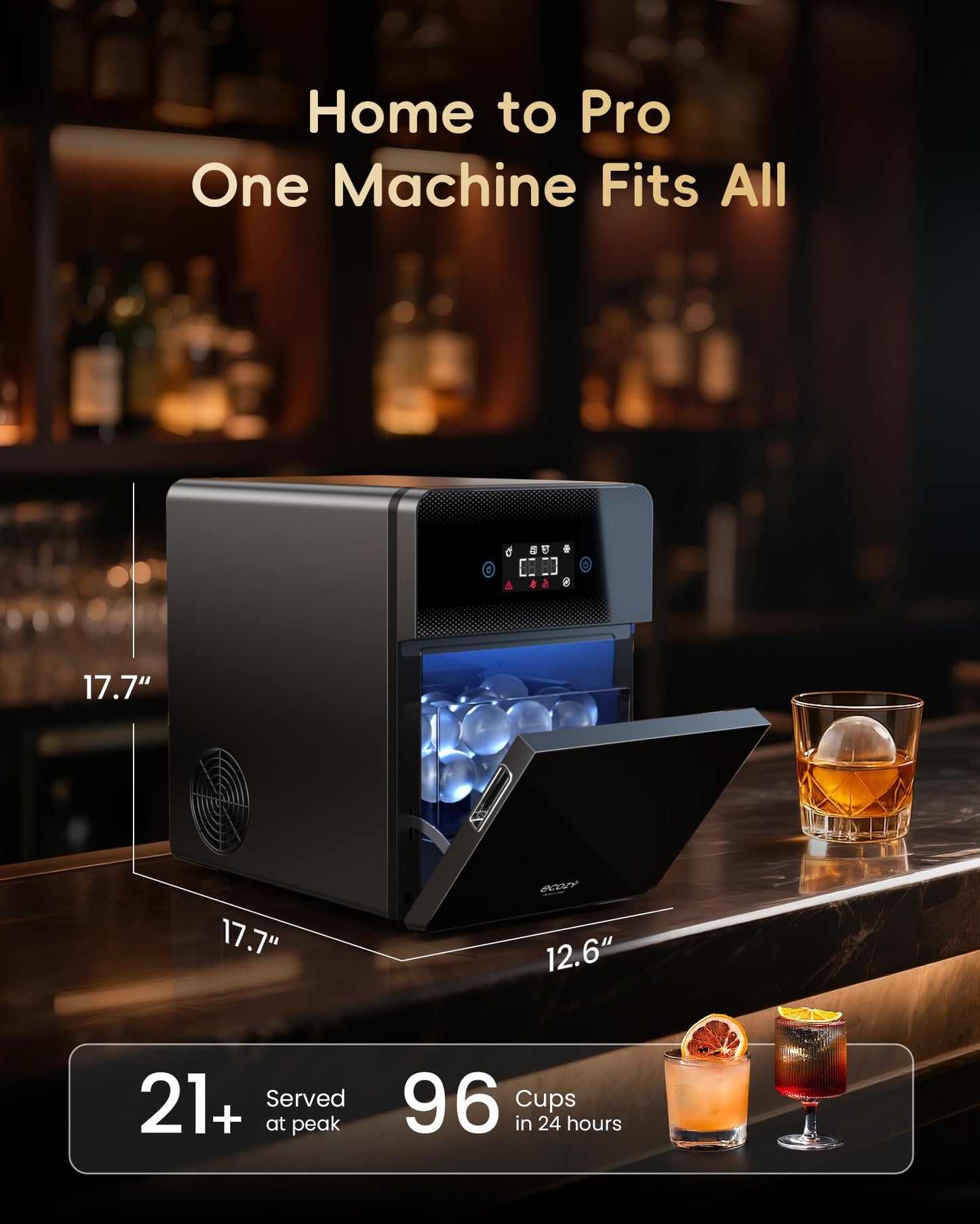 Ecozy Countertop Ice Maker, Portable, Self-Cleaning, 9 Bullet Ice Cubes in 6 Mins, 26lbs/24Hrs, Ice Maker Machine with Ice Bags, Handle, Standing Scoop and Basket, Black, IM-BS261C