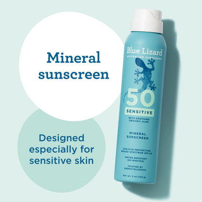 BLUE LIZARD Sport Mineral Sunscreen Spray SPF 50+, Dermatologist-Recommended Brand, Broad-Spectrum UVA/UVB Protection, Water-Resistant, Zinc Oxide Formula, Vegan, 5 fl oz