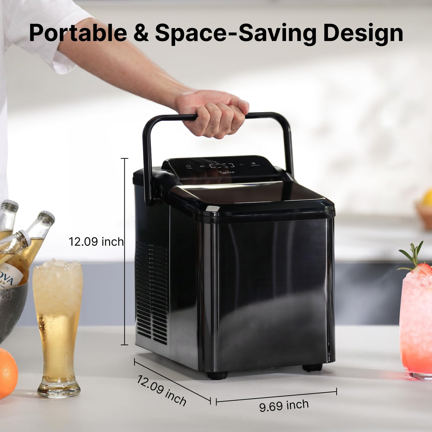 Typhur Smart Nugget Ice Maker Countertop with App Control, Pebble Ice Machine, Portable Pellet Ice Maker with Handle, Self-Cleaning Pump, 8 Cleaners, 35lbs/24H for Home, Kitchen, Office, RV, Silver