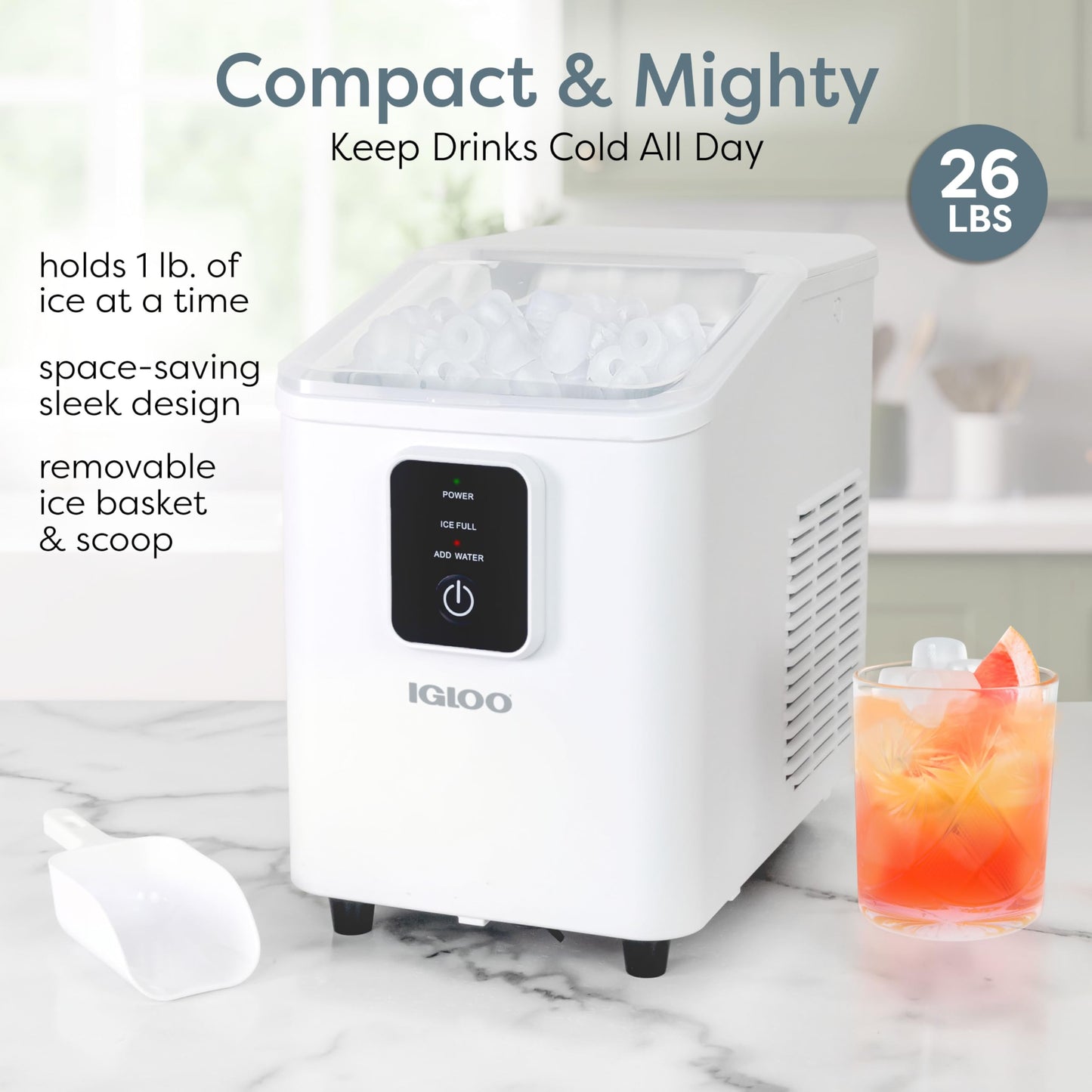 Igloo Automatic Self-Cleaning Portable Electric Countertop Ice Maker Machine with Handle, 26 Pounds in 24 Hours, 9 Ice Cubes Ready in 7 Minutes, with Ice Scoop and Basket