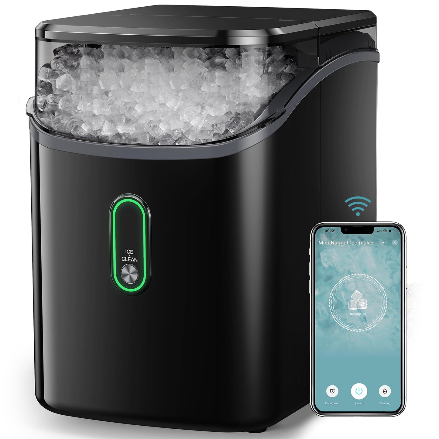 Nugget Ice Maker Countertop - Silonn Smart Pebble Ice Machine, Pellet Ice 44 lbs per Day, Crushed Ice from Timer Function and Status Alerts with Silonn App, Stainless Steel