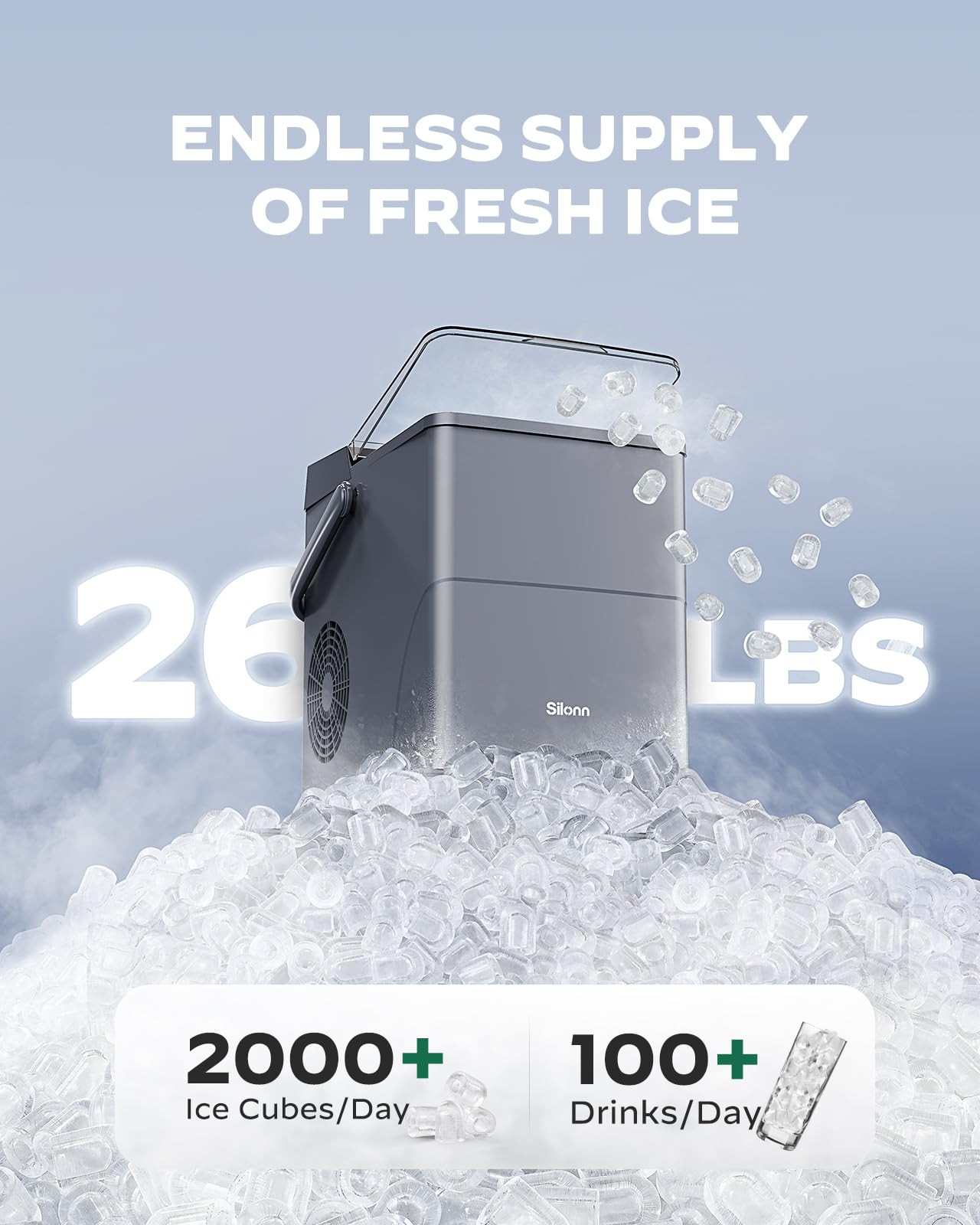 Silonn Countertop Ice Maker with 2.5L Expandable Ice Basket, 26.5lbs/24H, 9 Cubes in 6 Mins, 2 Ice Sizes, Self-Cleaning & LED Touch Control for Home Kitchen Office
