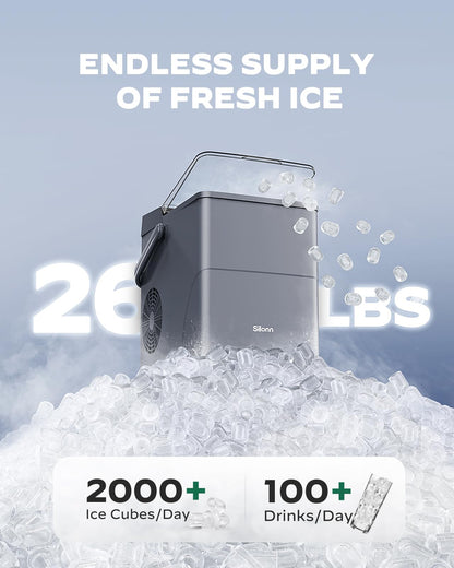 Silonn Countertop Ice Maker with 2.5L Expandable Ice Basket, 26.5lbs/24H, 9 Cubes in 6 Mins, 2 Ice Sizes, Self-Cleaning & LED Touch Control for Home Kitchen Office