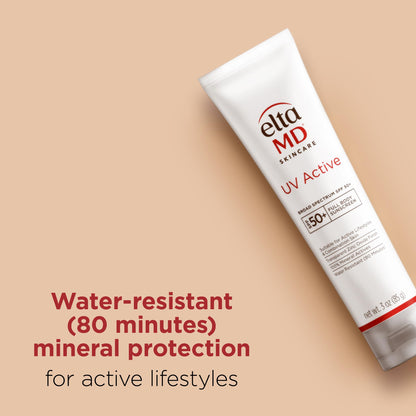 EltaMD UV Active 100% Mineral Sunscreen, SPF 50+ Full Body Sunscreen for Active Lifestyles, Water Resistant Up to 80 Minutes, 3.0 oz Tube