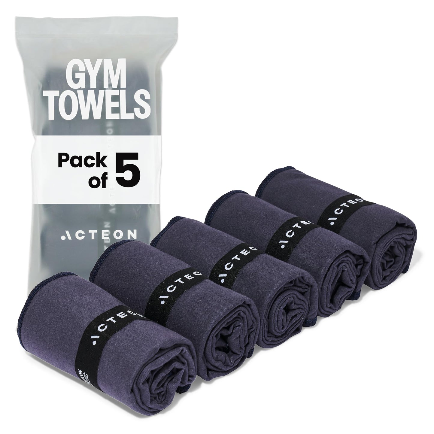 Acteon Microfiber Gym Towels 5 Pack, Quick Dry Silver ION Odor-Free Sweat Towel, Super Absorbent Fast Drying for Men & Women, Workout, Yoga, Running, Hiking, Travel – 16x30.5 Inch