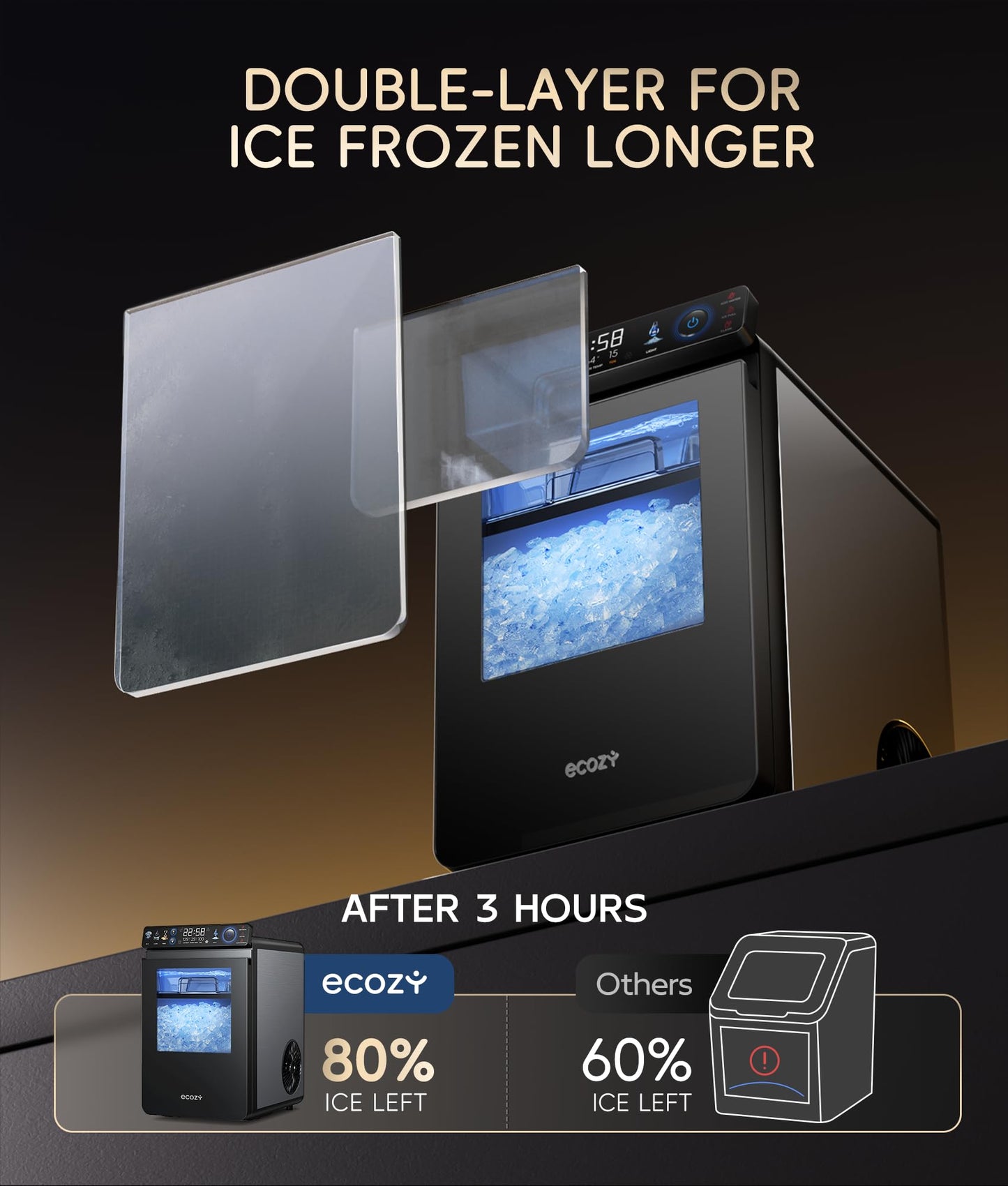 ecozy Portable Ice Cube Maker Countertop, 45 Lbs/Day, Self-Cleaning | Makes 24 Ice Cubes in Just 13 Mins, Perfect for Home, Kitchen, Bar, Office and RV, Stainless Steel