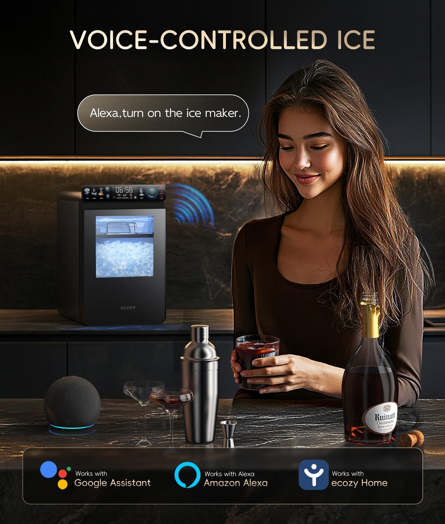 ecozy Portable Ice Cube Maker Countertop, 45 Lbs/Day, Self-Cleaning | Makes 24 Ice Cubes in Just 13 Mins, Perfect for Home, Kitchen, Bar, Office and RV, Stainless Steel