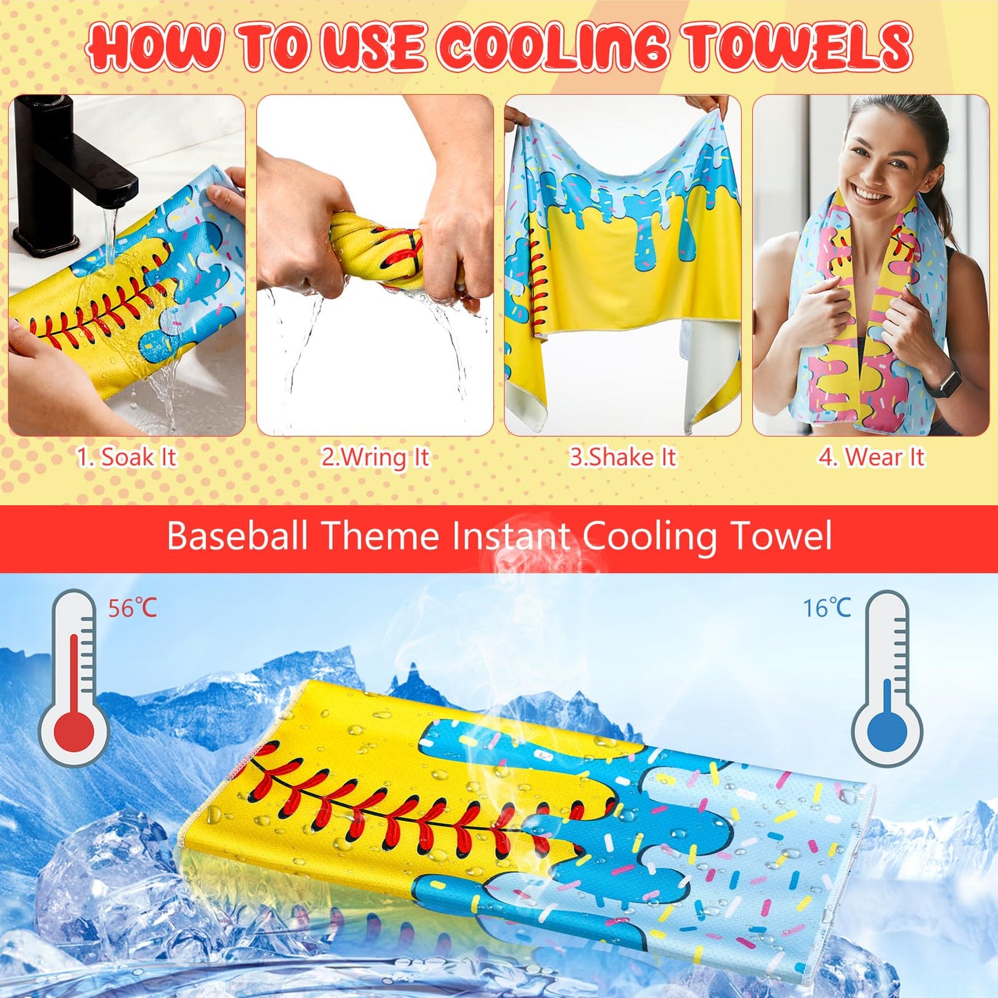 12 Pcs Cooling Towel Baseball Football Basketball Breathable Chilly Softball Soccer Ice Towel, 40"x12" Tennis Microfiber Accessories for Player(White,Baseball)