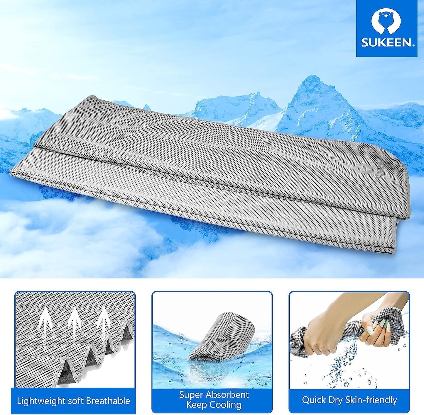 Sukeen 4 Pack Cooling Towels (40"x12") for Neck and Face, Cooling Neck Wraps, Breathable Cooling Towel for Hot Weather, Sweat Towels for Yoga, Sports, Golf, Gym, Camping, Running, Fitness, Workout