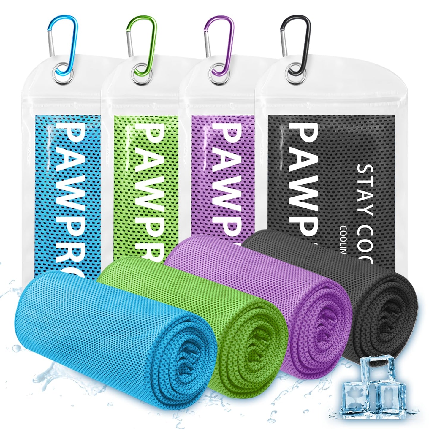 PAWPRO 4 Packs Cooling Towels for Neck and Face(40"x12"), Soft Breathable Cooling Towel with Waterproof Bag & Carabiner,Microfiber Cooling Towels for Yoga, Sport,Gym,Camping (Multicolor)