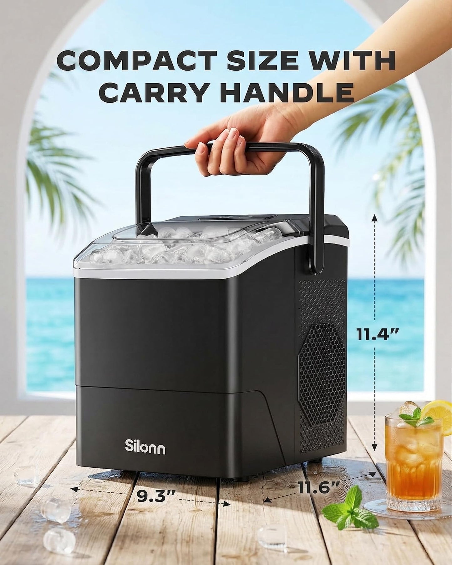 Silonn Countertop Ice Maker with 2.5L Expandable Ice Basket, 26.5lbs/24H, 9 Cubes in 6 Mins, 2 Ice Sizes, Self-Cleaning & LED Touch Control for Home Kitchen Office