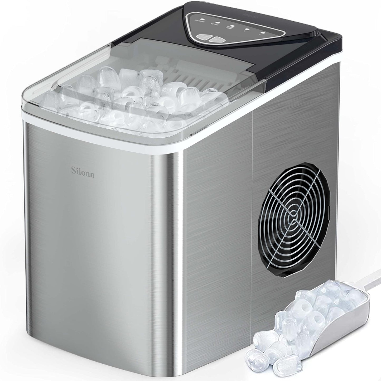 Silonn Countertop Ice Maker with 2.5L Expandable Ice Basket, 26.5lbs/24H, 9 Cubes in 6 Mins, 2 Ice Sizes, Self-Cleaning & LED Touch Control for Home Kitchen Office