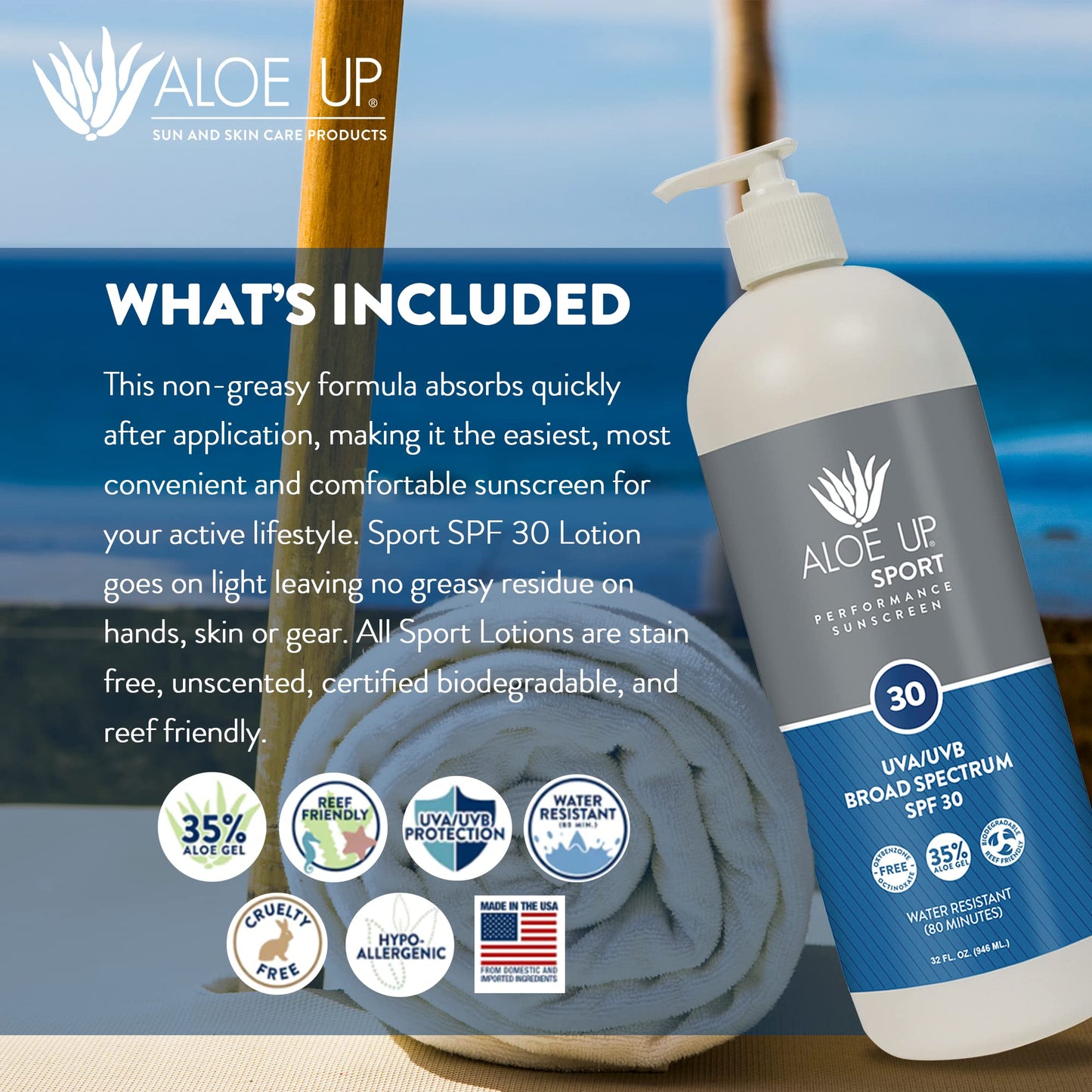 Aloe Up Sport Sunscreen Body Lotion SPF 50 – Broad Spectrum Sunblock With Aloe Vera Gel – Non-Greasy, Skin Sun Protection, No White Cast – Sunscreen – Fragrance-Free – 6 Oz, 2-Pack