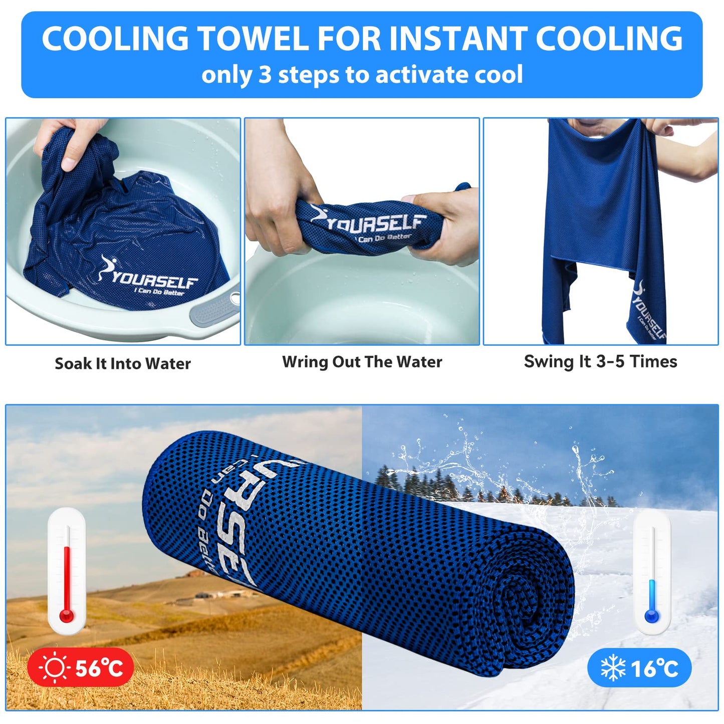 SYOURSELF Cooling Towels for Neck and Face, 4 Pack 40" x 12" Cooling Towel for Hot Weather, Soft Breathable Instant Cool Chilly Pad for Sports Golf Yoga Gym Athletes Camping Ice Towels(Mix-4pcs)