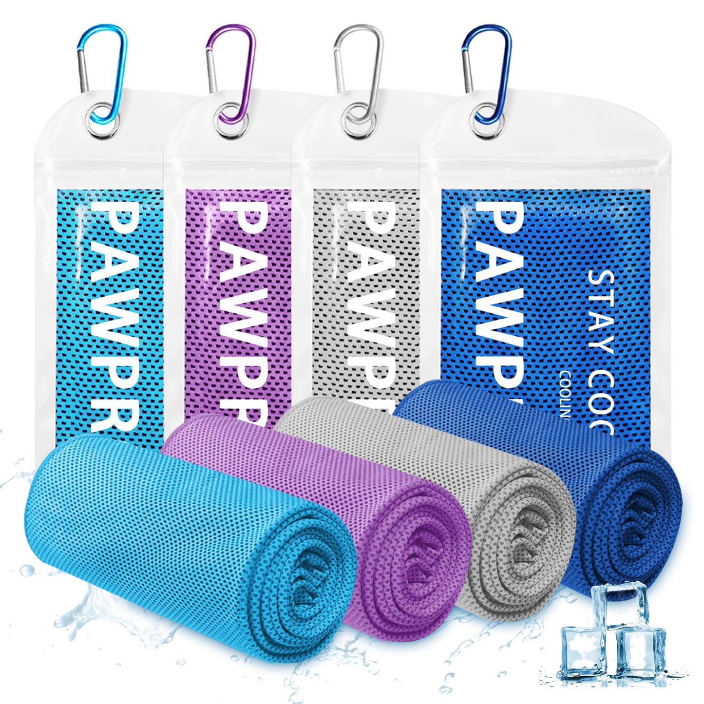 PAWPRO 4 Packs Cooling Towels for Neck and Face(40"x12"), Soft Breathable Cooling Towel with Waterproof Bag & Carabiner,Microfiber Cooling Towels for Yoga, Sport,Gym,Camping (Multicolor)