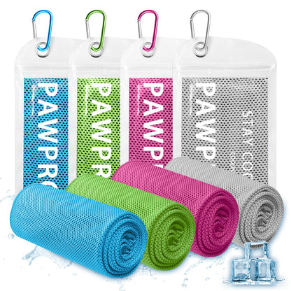 PAWPRO 4 Packs Cooling Towels for Neck and Face(40"x12"), Soft Breathable Cooling Towel with Waterproof Bag & Carabiner,Microfiber Cooling Towels for Yoga, Sport,Gym,Camping (Multicolor)