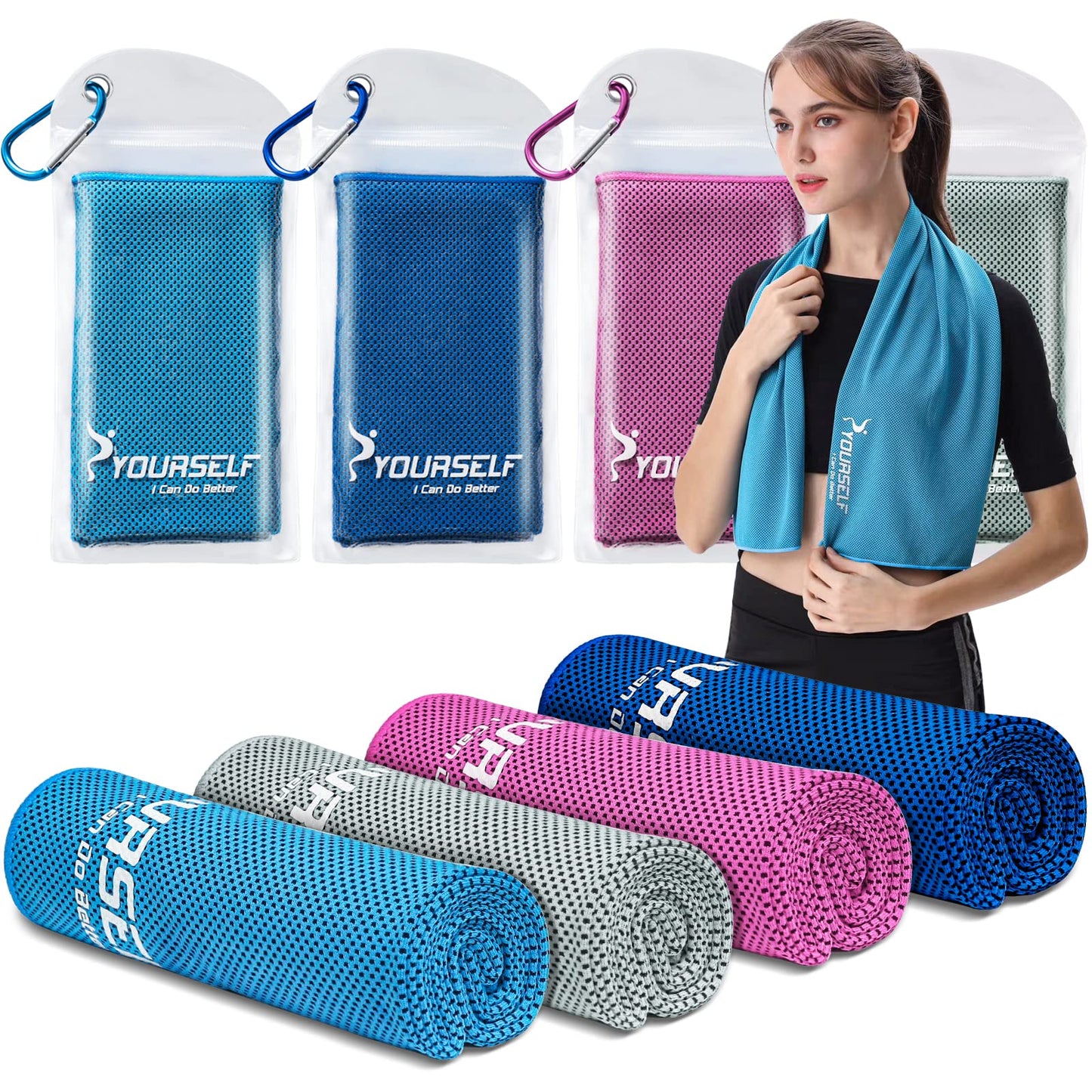SYOURSELF Cooling Towels for Neck and Face, 4 Pack 40" x 12" Cooling Towel for Hot Weather, Soft Breathable Instant Cool Chilly Pad for Sports Golf Yoga Gym Athletes Camping Ice Towels(Mix-4pcs)