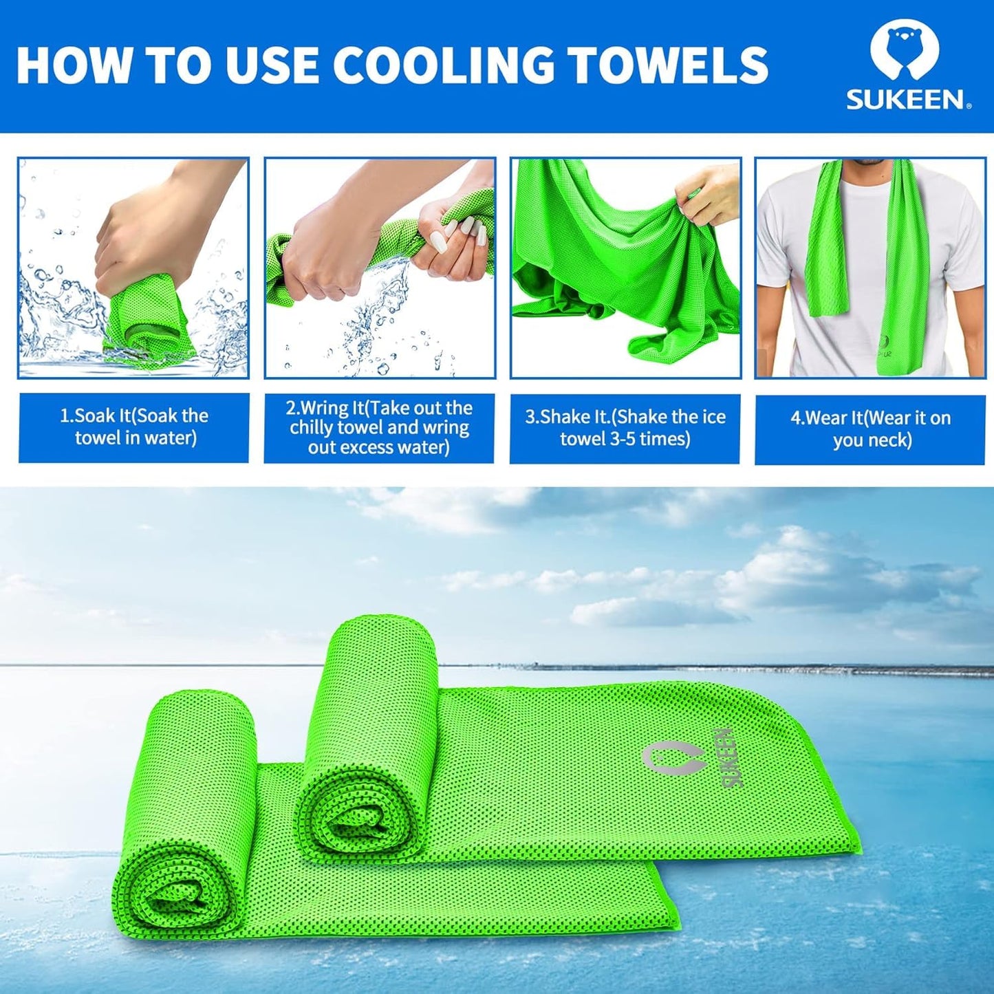 Sukeen 4 Pack Cooling Towels (40"x12") for Neck and Face, Cooling Neck Wraps, Breathable Cooling Towel for Hot Weather, Sweat Towels for Yoga, Sports, Golf, Gym, Camping, Running, Fitness, Workout