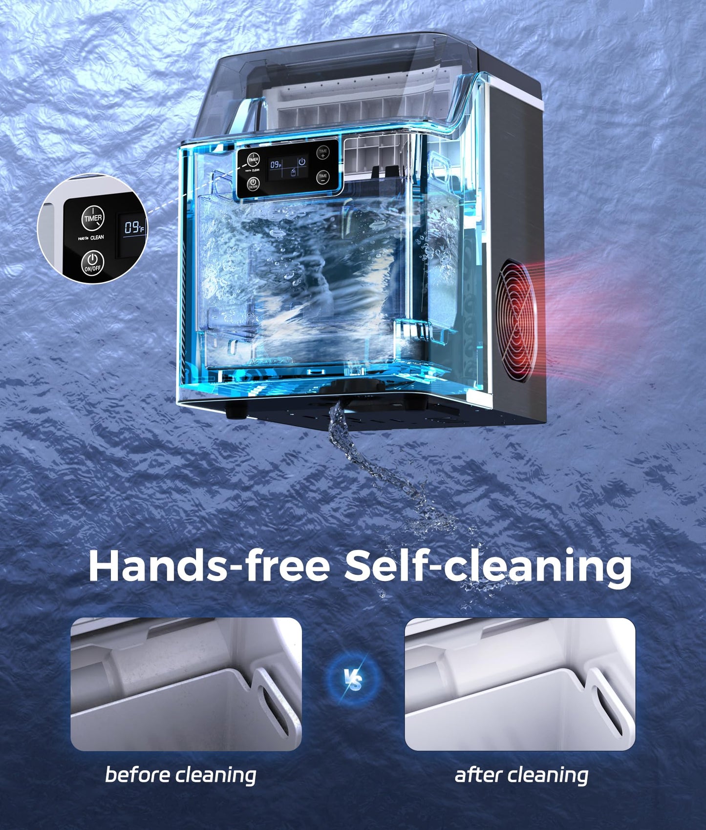 ecozy Portable Ice Cube Maker Countertop, 45 Lbs/Day, Self-Cleaning | Makes 24 Ice Cubes in Just 13 Mins, Perfect for Home, Kitchen, Bar, Office and RV, Stainless Steel
