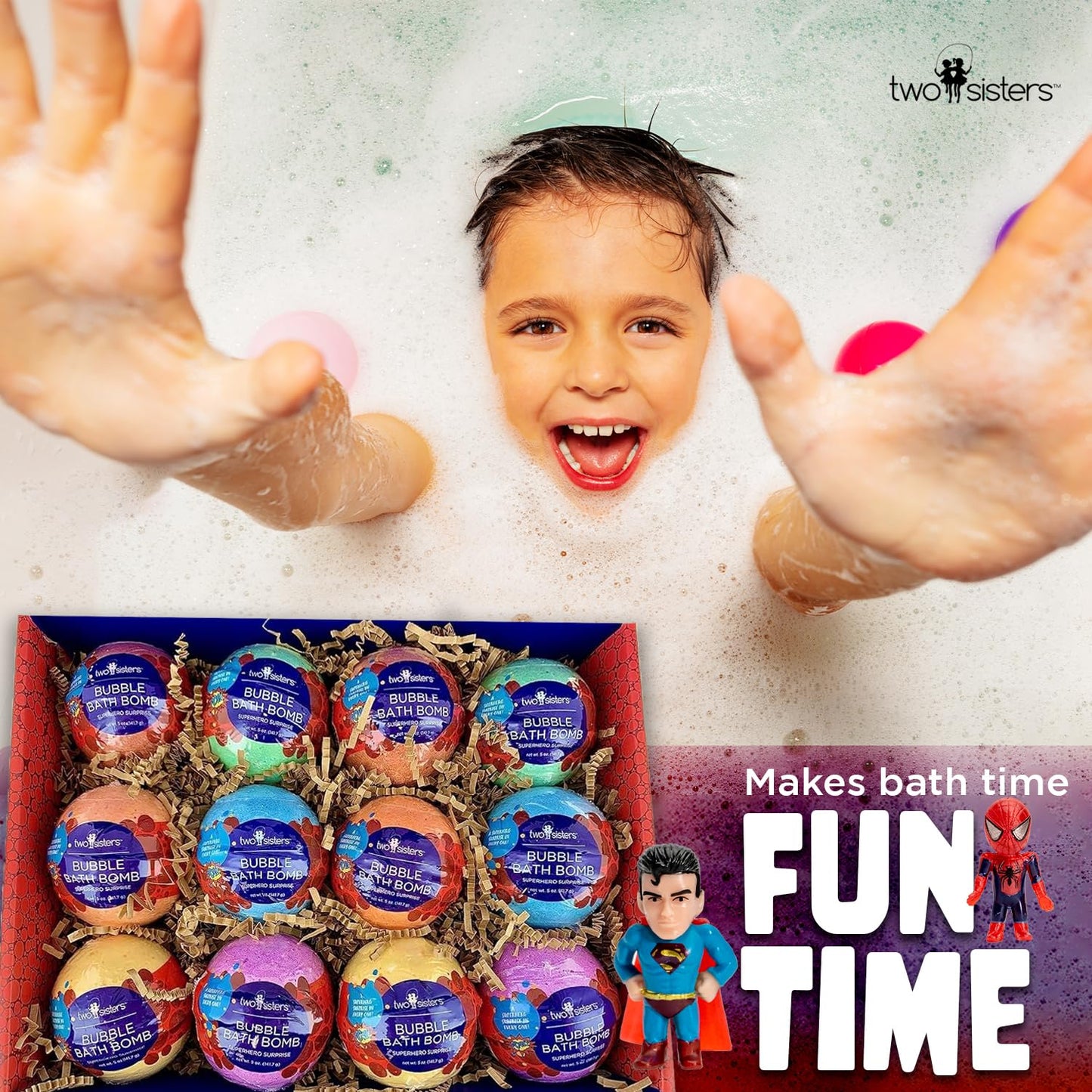 Superhero Bath Bombs for Kids with Surprise Toys Inside (6 Pack) - Large Bubble Bomb Fizzies for Boys, Girls, & Toddlers - Birthday Gift for Kids - Fruity Scent, USA Made by Two Sisters