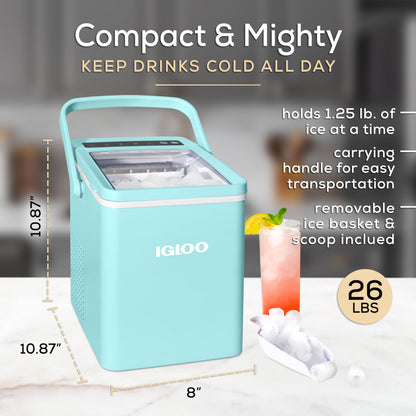 Igloo Automatic Self-Cleaning Portable Electric Countertop Ice Maker Machine with Handle, 26 Pounds in 24 Hours, 9 Ice Cubes Ready in 7 Minutes, with Ice Scoop and Basket