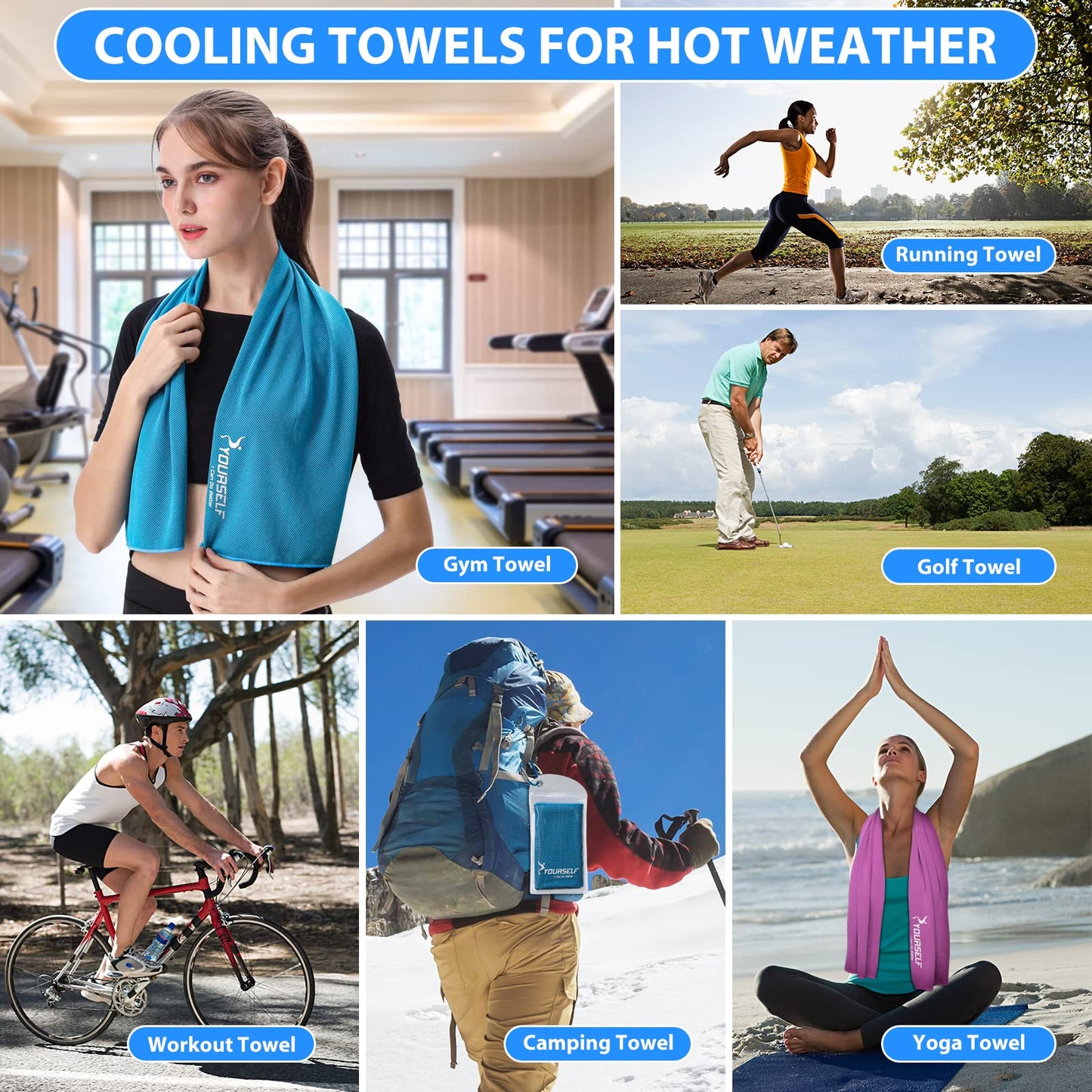 SYOURSELF Cooling Towels for Neck and Face, 4 Pack 40" x 12" Cooling Towel for Hot Weather, Soft Breathable Instant Cool Chilly Pad for Sports Golf Yoga Gym Athletes Camping Ice Towels(Mix-4pcs)