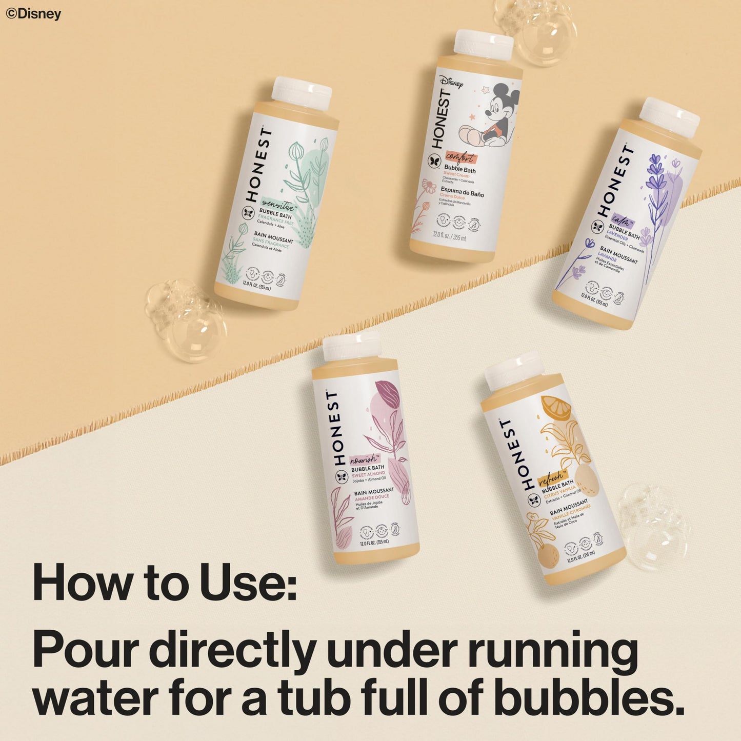 The Honest Company Foaming Bubble Bath & Baby Wash, Tear-Free, Hypoallergenic, Natural Formula, Lavender Calm Scent, 12 fl oz