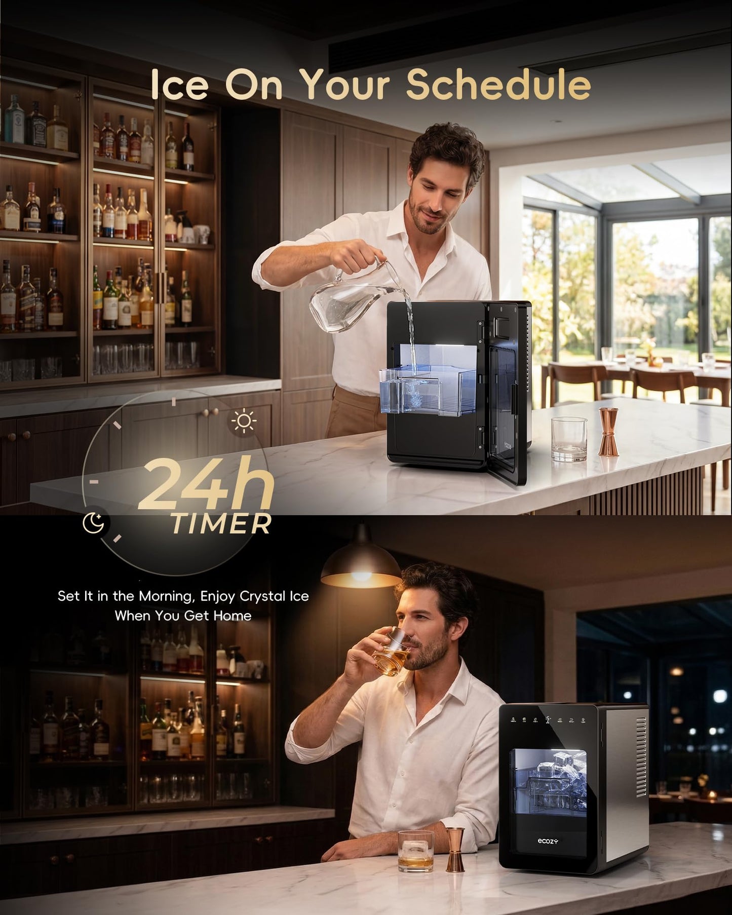 Ecozy Countertop Ice Maker, Portable, Self-Cleaning, 9 Bullet Ice Cubes in 6 Mins, 26lbs/24Hrs, Ice Maker Machine with Ice Bags, Handle, Standing Scoop and Basket, Black, IM-BS261C
