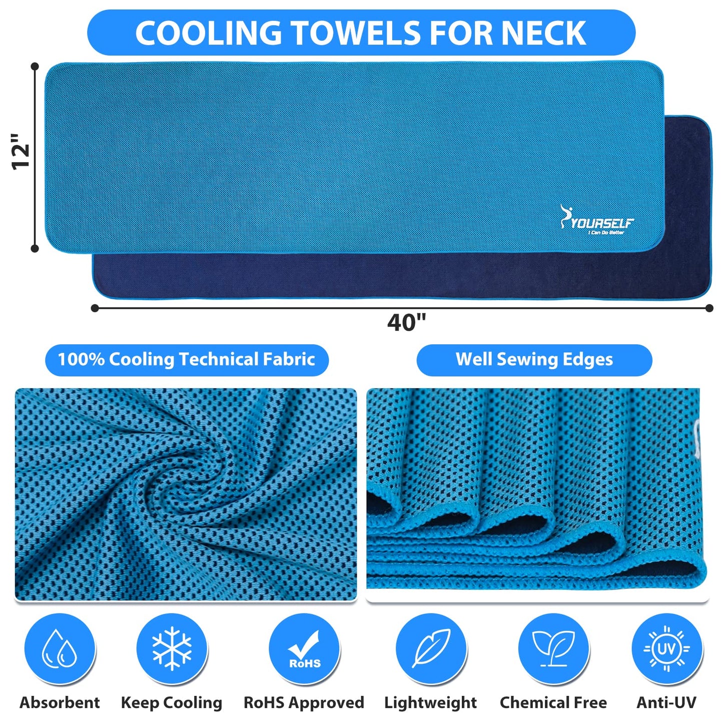 SYOURSELF Cooling Towels for Neck and Face, 4 Pack 40" x 12" Cooling Towel for Hot Weather, Soft Breathable Instant Cool Chilly Pad for Sports Golf Yoga Gym Athletes Camping Ice Towels(Mix-4pcs)