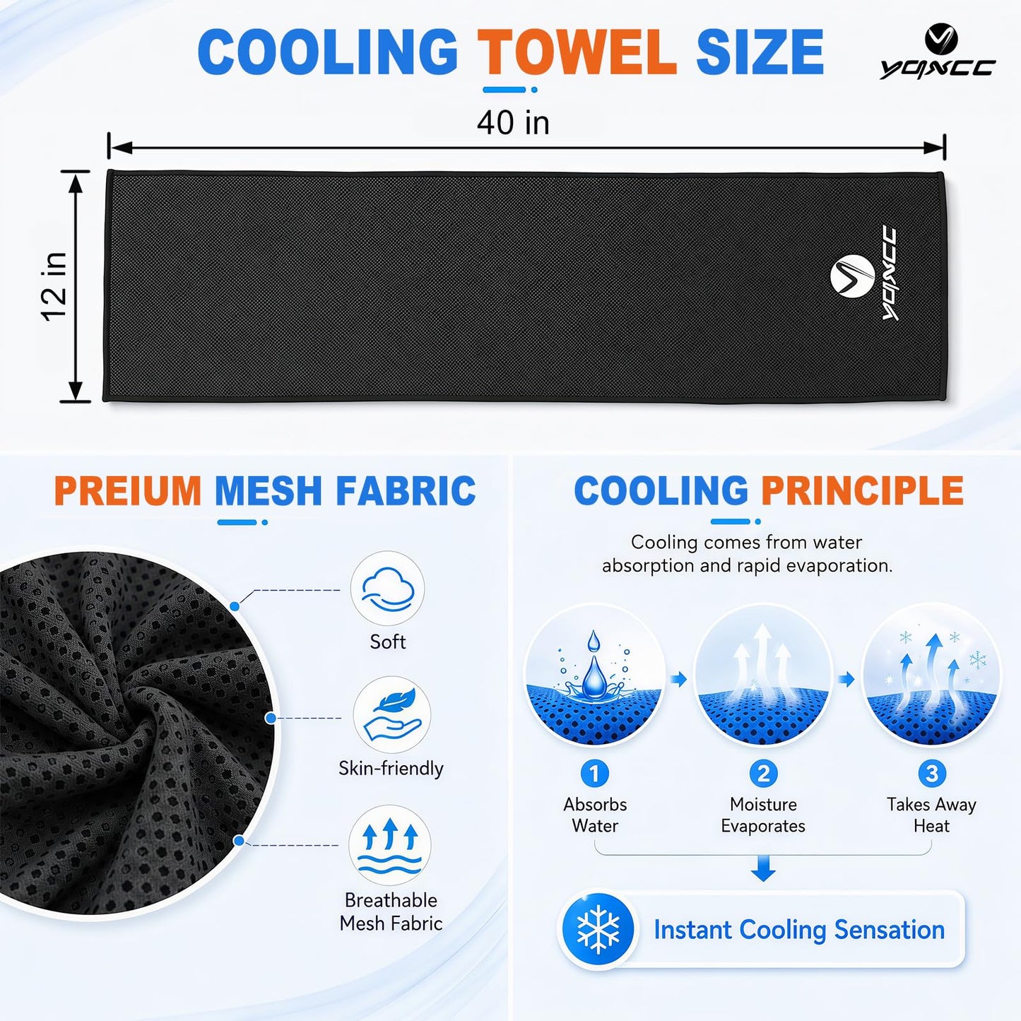 YQXCC 4 Pack Cooling Towels (40"x12"), Cool Neck Towel, Soft Breathable Microfiber for Gym, Yoga, Golf, Running, Camping & Summer Outdoor Activities