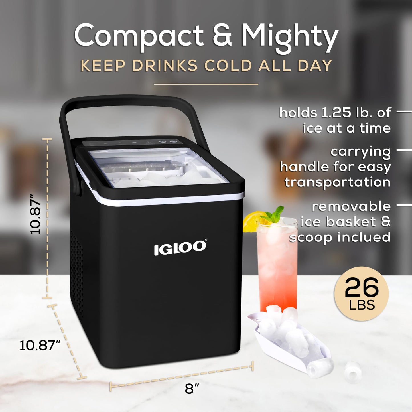 Igloo Automatic Self-Cleaning Portable Electric Countertop Ice Maker Machine with Handle, 26 Pounds in 24 Hours, 9 Ice Cubes Ready in 7 Minutes, with Ice Scoop and Basket