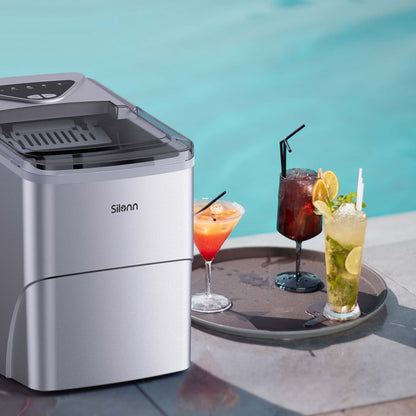 Silonn Countertop Ice Maker with 2.5L Expandable Ice Basket, 26.5lbs/24H, 9 Cubes in 6 Mins, 2 Ice Sizes, Self-Cleaning & LED Touch Control for Home Kitchen Office