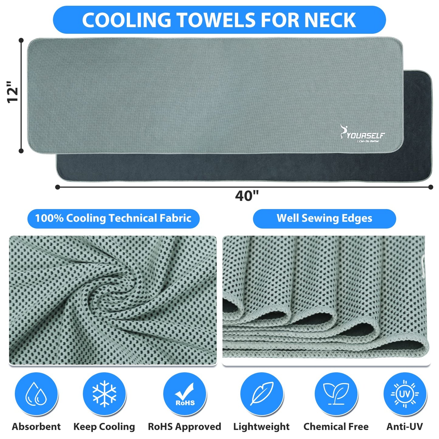 SYOURSELF Cooling Towels for Neck and Face, 4 Pack 40" x 12" Cooling Towel for Hot Weather, Soft Breathable Instant Cool Chilly Pad for Sports Golf Yoga Gym Athletes Camping Ice Towels(Mix-4pcs)