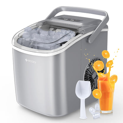 Ecozy Countertop Ice Maker, Portable, Self-Cleaning, 9 Bullet Ice Cubes in 6 Mins, 26lbs/24Hrs, Ice Maker Machine with Ice Bags, Handle, Standing Scoop and Basket, Black, IM-BS261C
