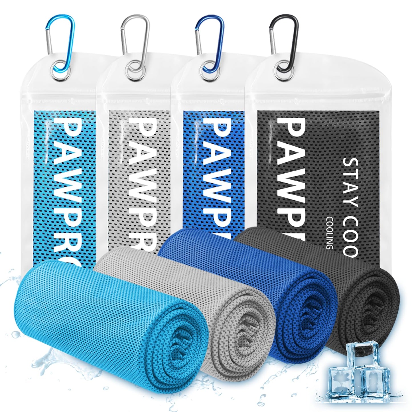 PAWPRO 4 Packs Cooling Towels for Neck and Face(40"x12"), Soft Breathable Cooling Towel with Waterproof Bag & Carabiner,Microfiber Cooling Towels for Yoga, Sport,Gym,Camping (Multicolor)