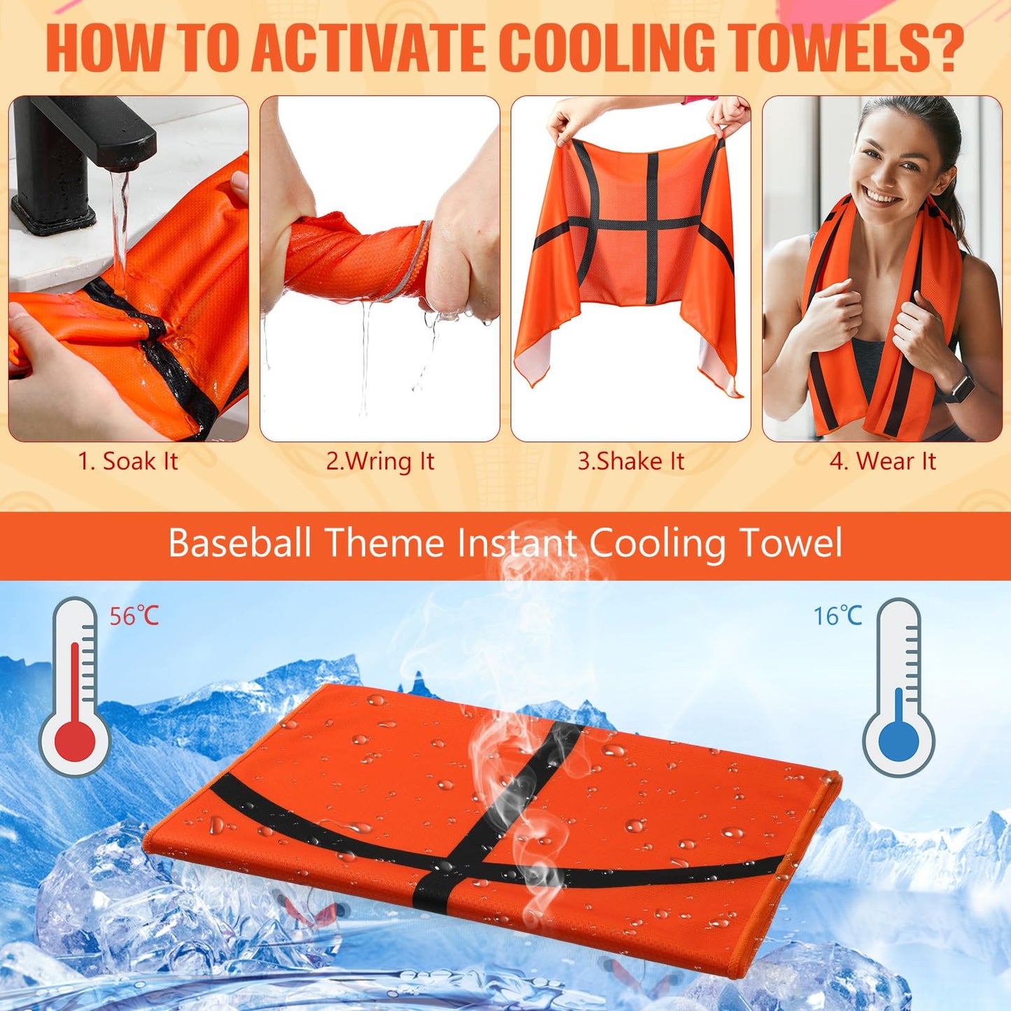 12 Pcs Cooling Towel Baseball Football Basketball Breathable Chilly Softball Soccer Ice Towel, 40"x12" Tennis Microfiber Accessories for Player(White,Baseball)