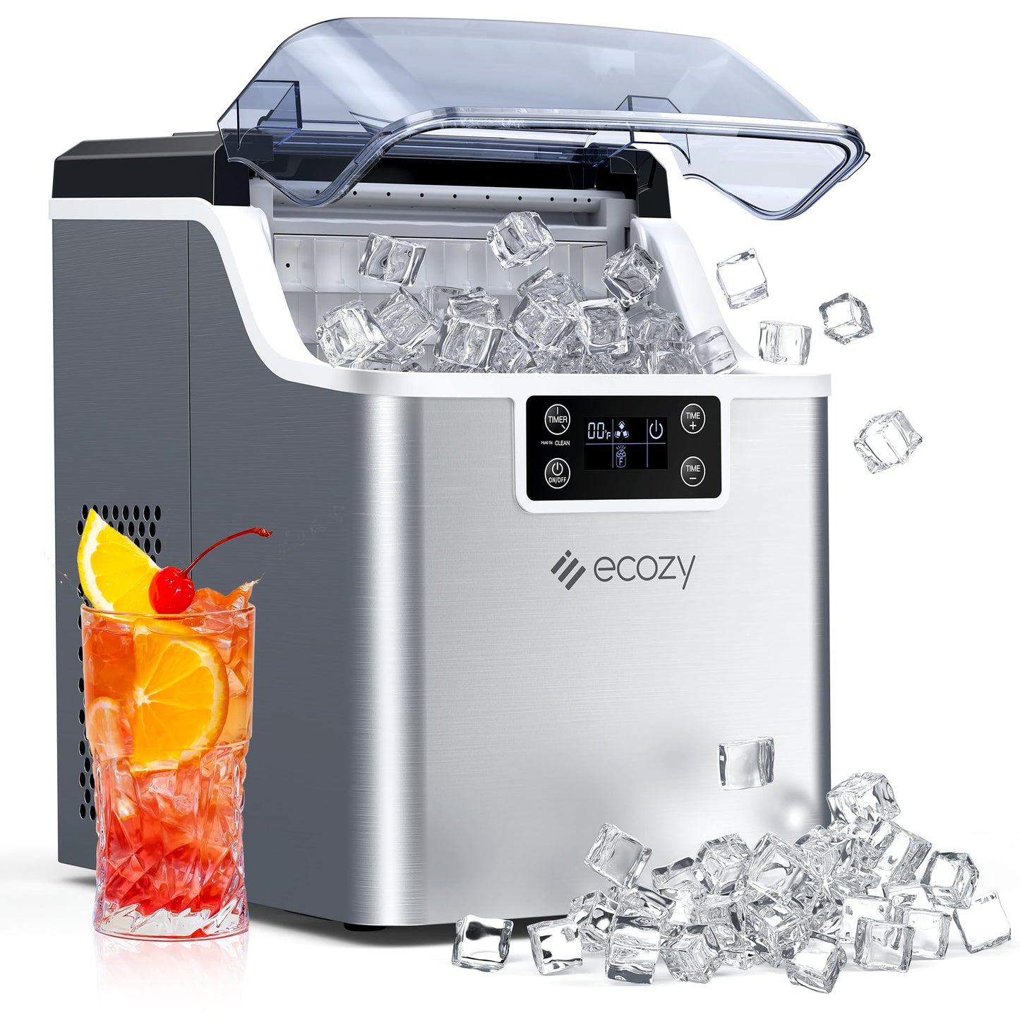 ecozy Portable Ice Cube Maker Countertop, 45 Lbs/Day, Self-Cleaning | Makes 24 Ice Cubes in Just 13 Mins, Perfect for Home, Kitchen, Bar, Office and RV, Stainless Steel