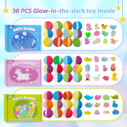Bath Bombs for Kids, 12 Pcs Bath Bombs with Glow in The Dark Animal Surprise Inside, Handmade Organic Bubble Bath Ball Gift Set for Boys and Girls, Gift for Birthday Christmas Easter