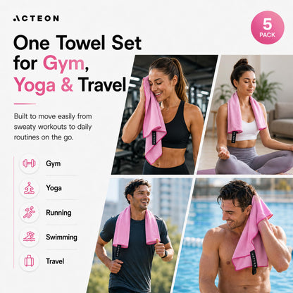 Acteon Microfiber Gym Towels 5 Pack, Quick Dry Silver ION Odor-Free Sweat Towel, Super Absorbent Fast Drying for Men & Women, Workout, Yoga, Running, Hiking, Travel – 16x30.5 Inch