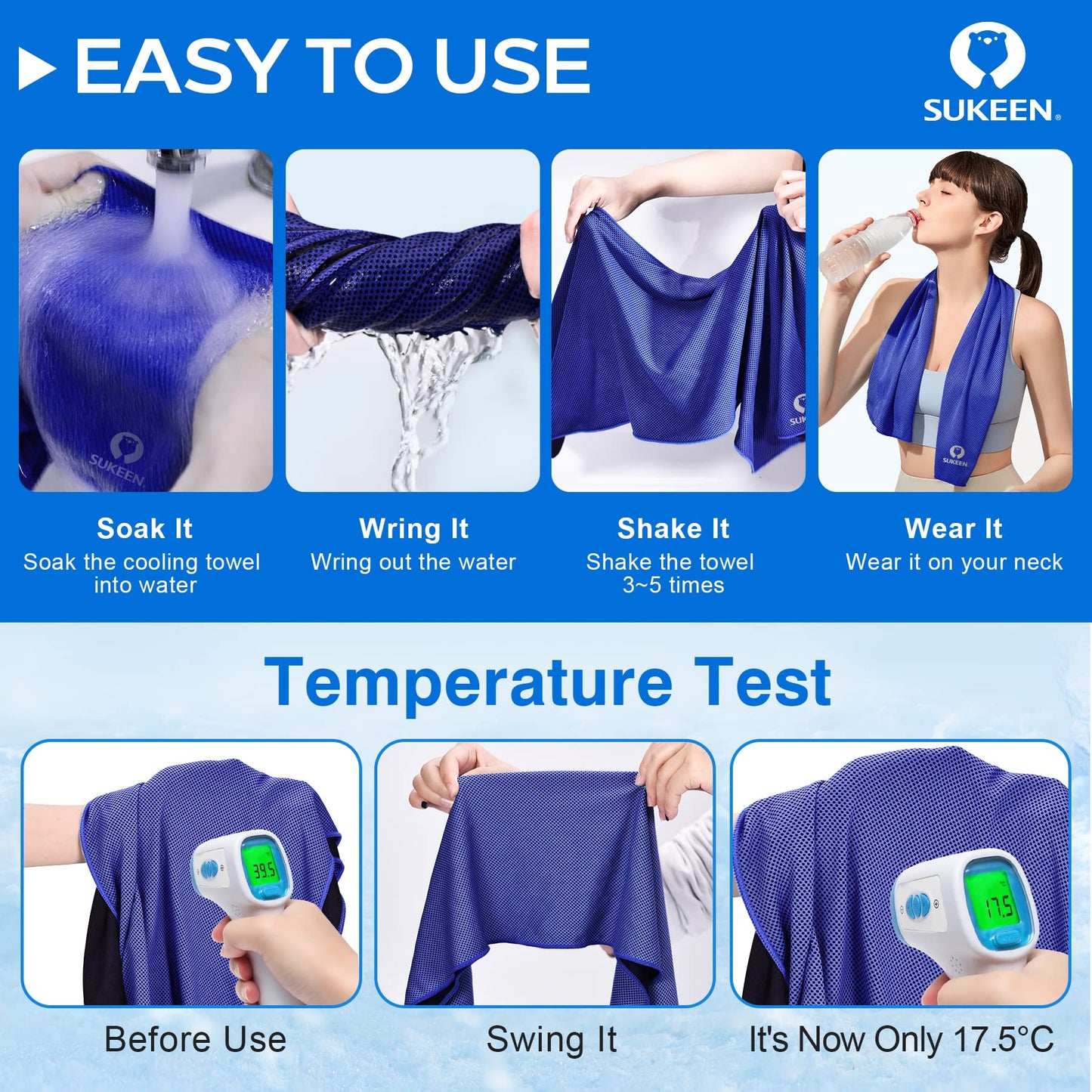 Sukeen 4 Pack Cooling Towels (40"x12") for Neck and Face, Cooling Neck Wraps, Breathable Cooling Towel for Hot Weather, Sweat Towels for Yoga, Sports, Golf, Gym, Camping, Running, Fitness, Workout