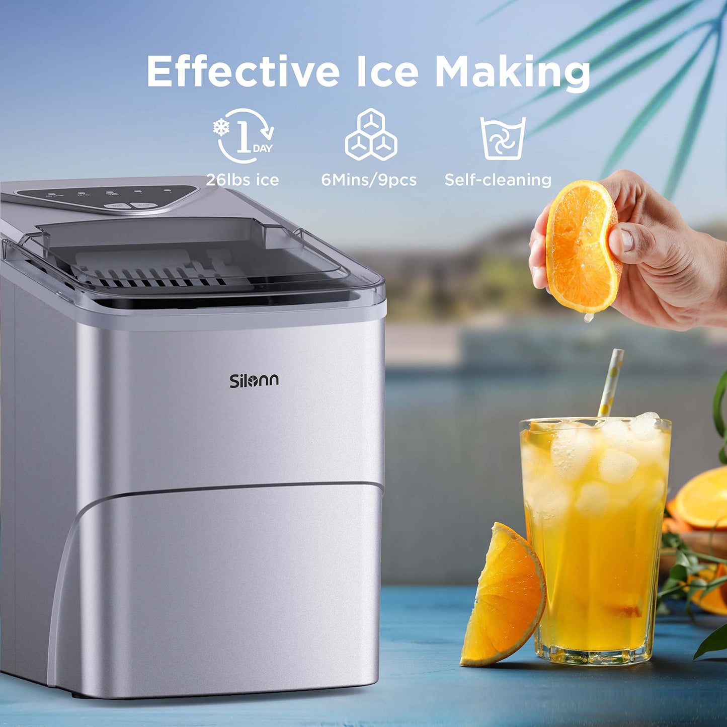 Silonn Countertop Ice Maker with 2.5L Expandable Ice Basket, 26.5lbs/24H, 9 Cubes in 6 Mins, 2 Ice Sizes, Self-Cleaning & LED Touch Control for Home Kitchen Office